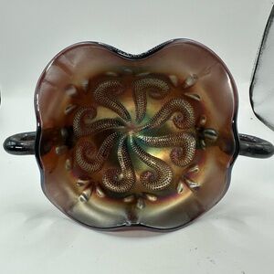 Dugan QUESTION MARKS ANTIQUE CARNIVAL ART GLASS STEMMED COMPOTE Amethyst/Purple